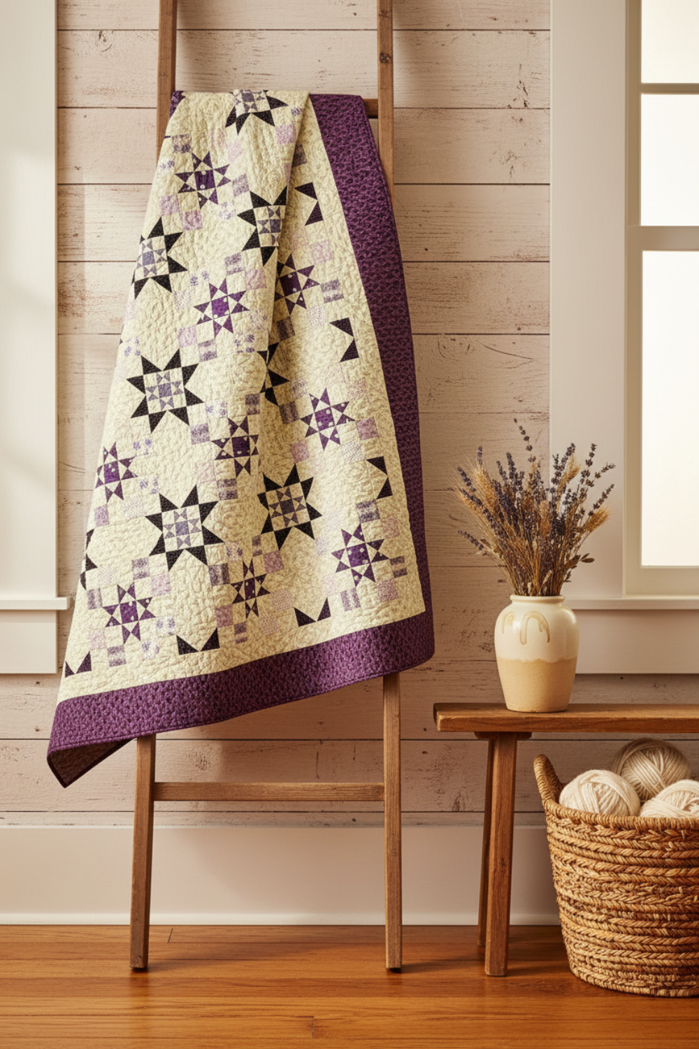 Quilt with star pattern draped over a wooden chair in a room with a window and basket.