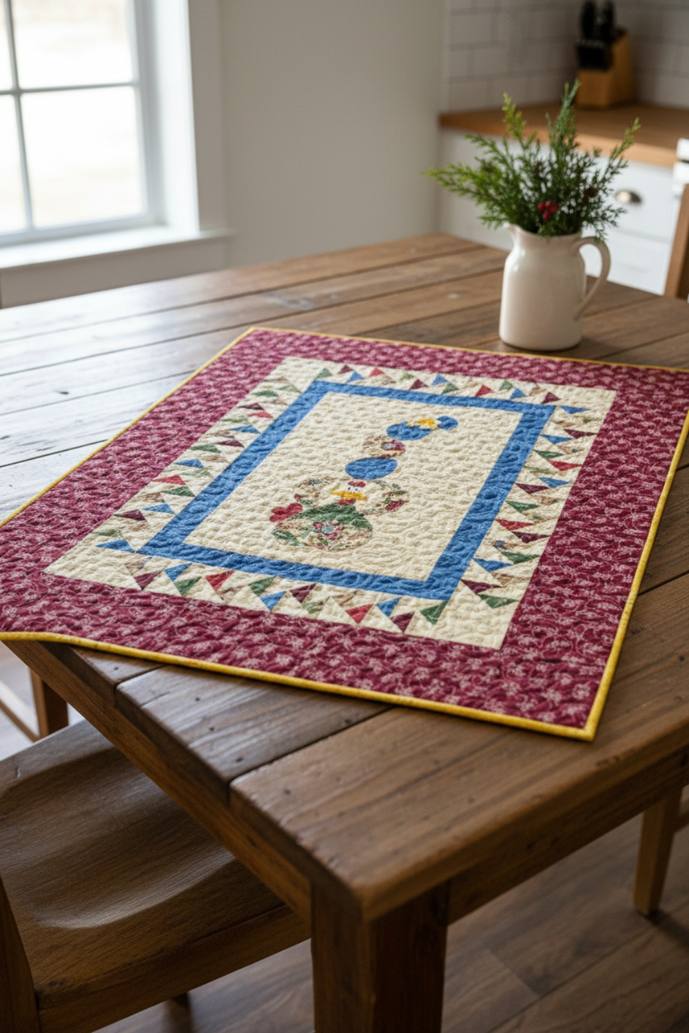 Quilted table topper on a wooden table with a vase of flowers in the background.