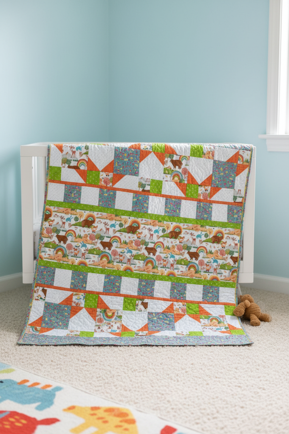 Children's quilt with animal pattern on a crib against a light blue wall.