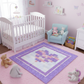 Nursery room with a crib, chair, and toys on a pink rug.