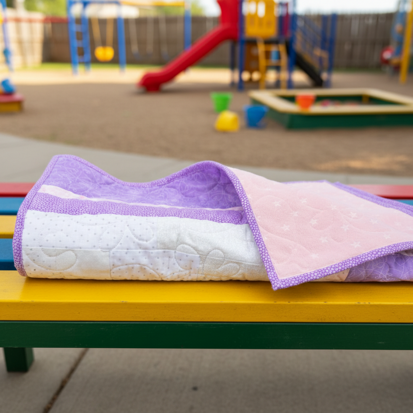 Folded quilt with purple border on a colorful bench with playground in the background