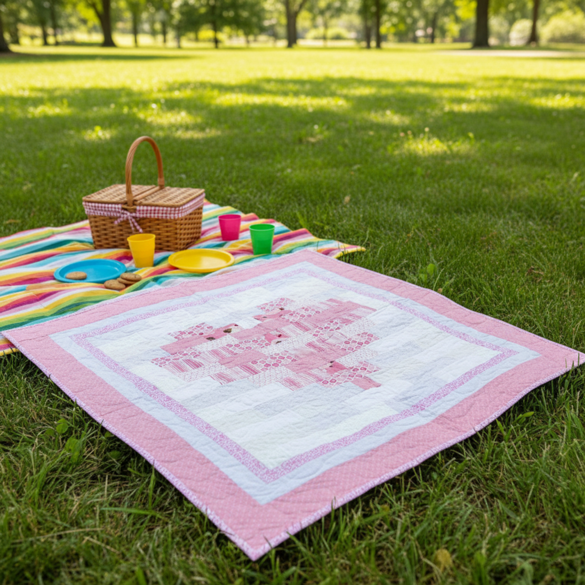 Pink quilt with a heart design on a grassy field