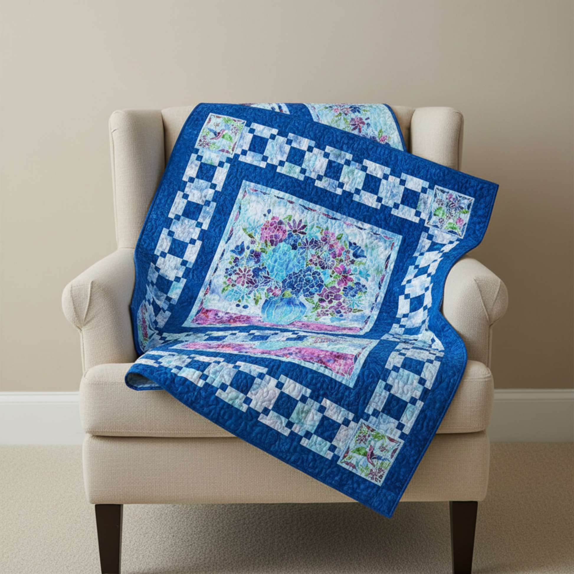 Quilt with floral design draped over a beige armchair against a plain wall.