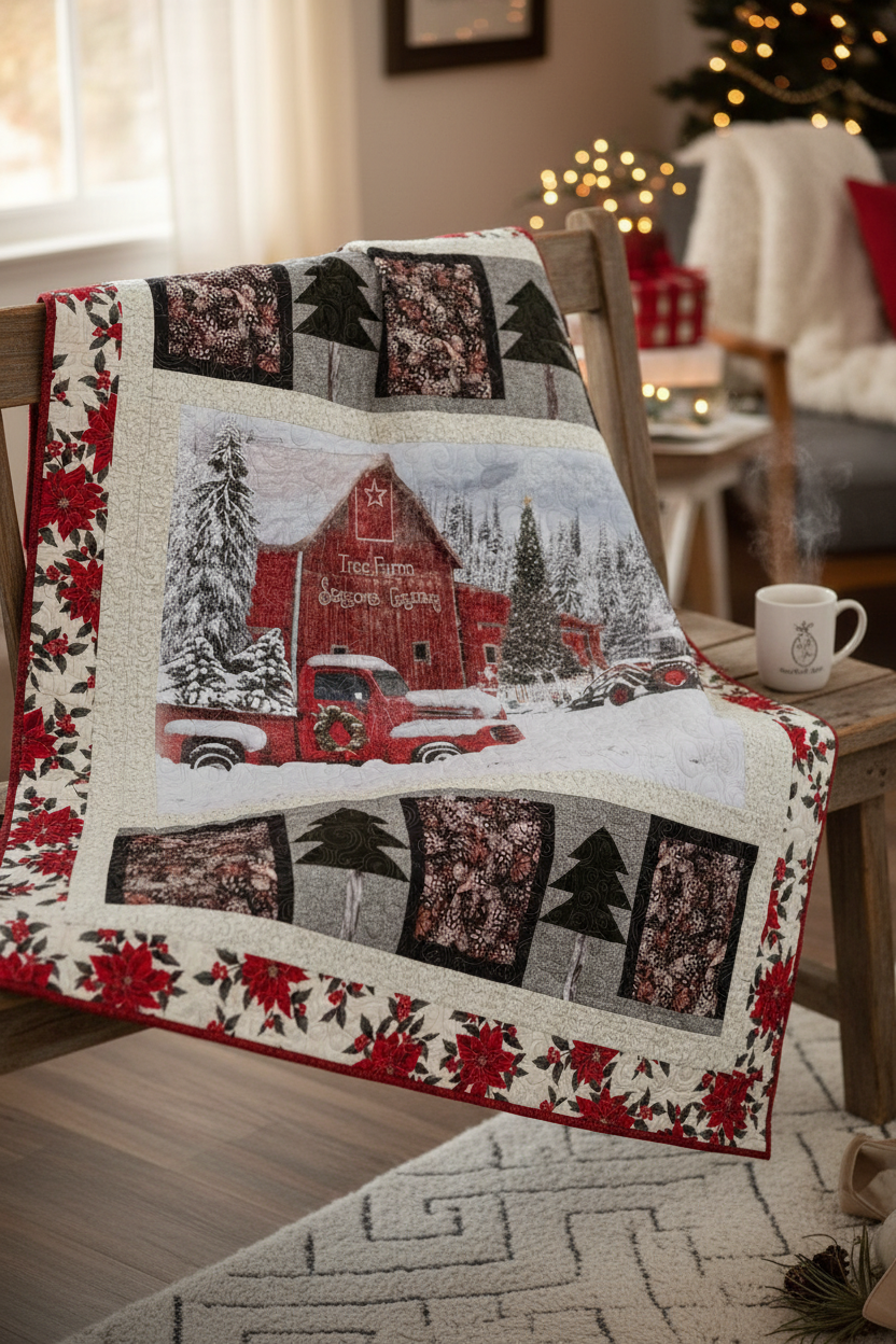 Quilt with a red barn and truck design on a wooden chair in a cozy room.