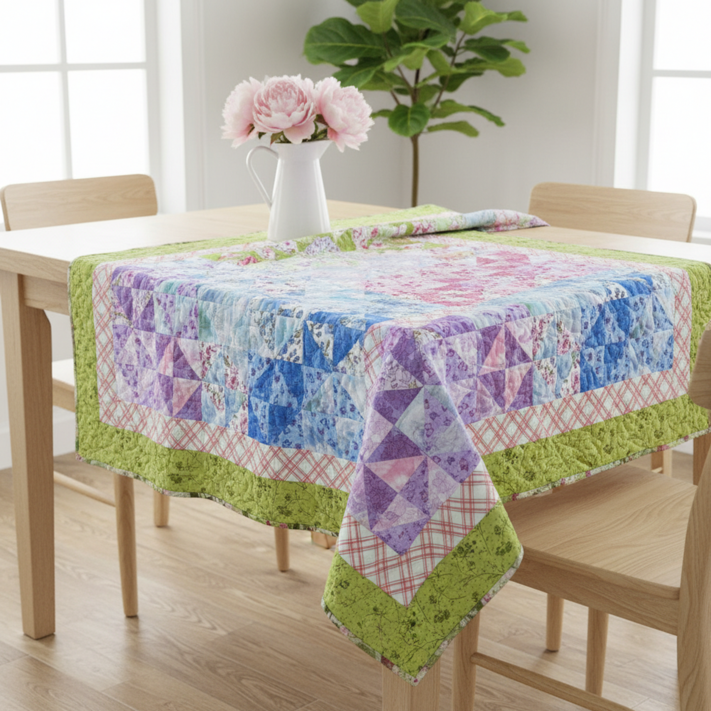 Colorful patchwork tablecloth on a wooden dining table with a vase of flowers.