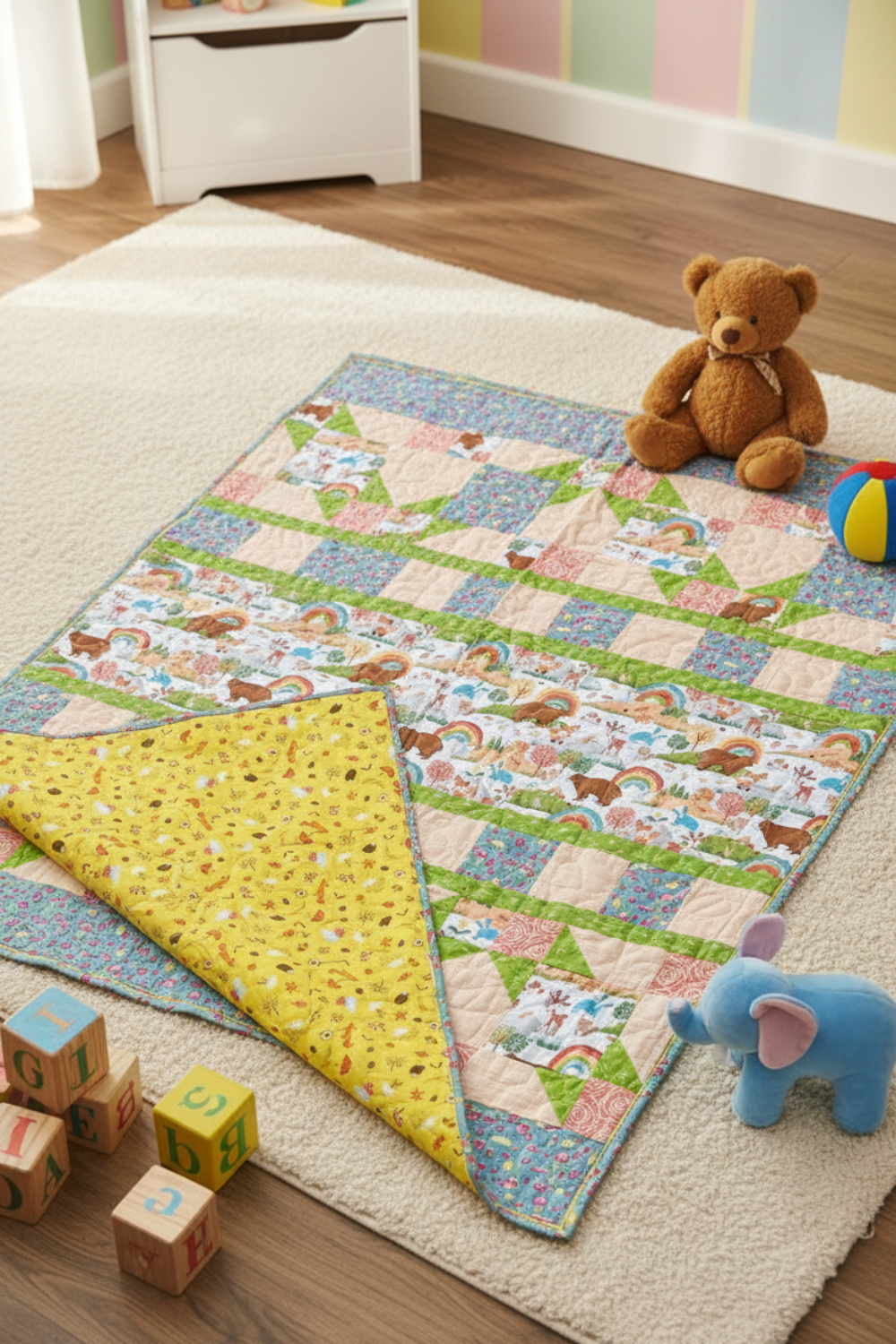 Children's quilt with animal patterns on a floor with toys around