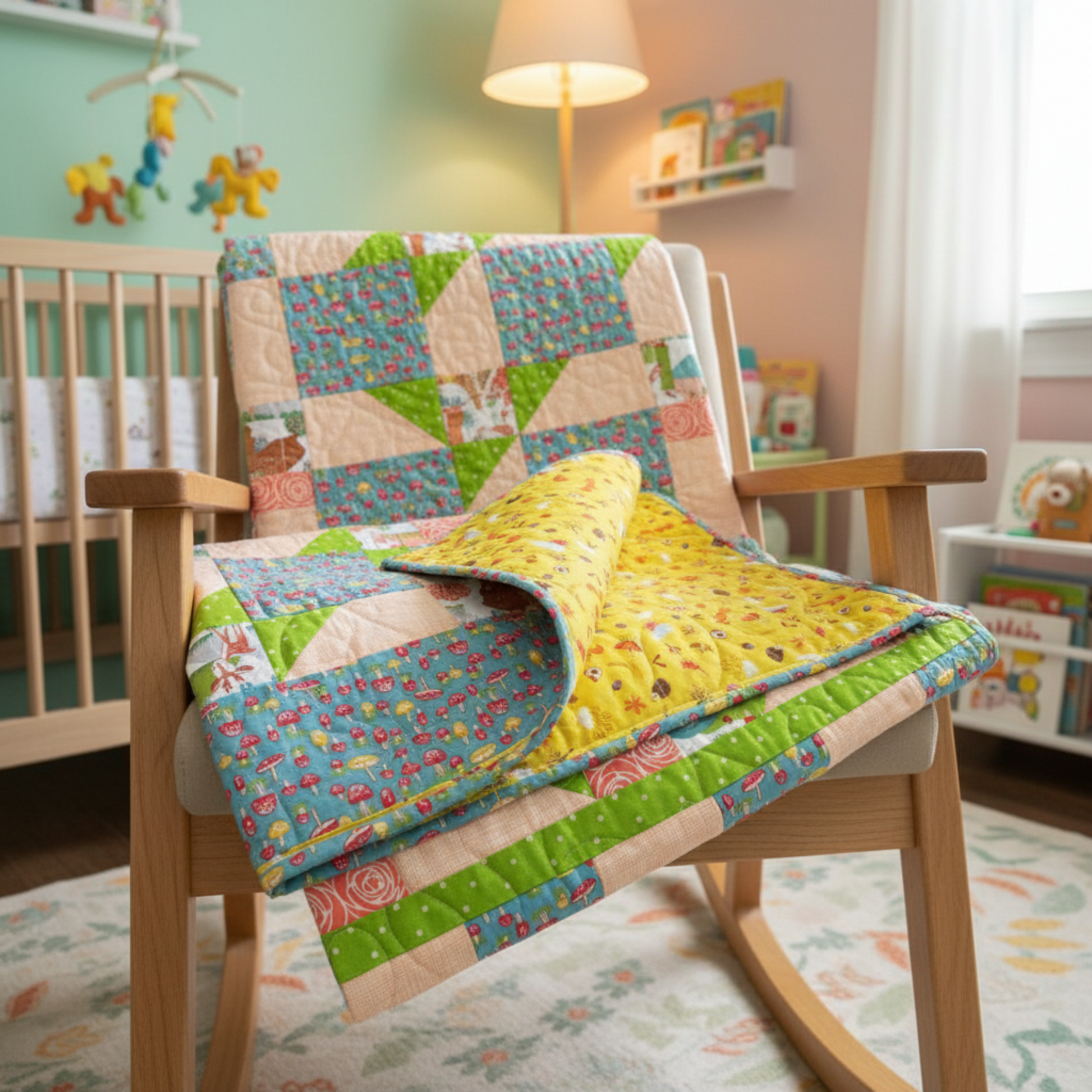 Colorful quilt draped over a wooden chair in a child's room with toys and books in the background.