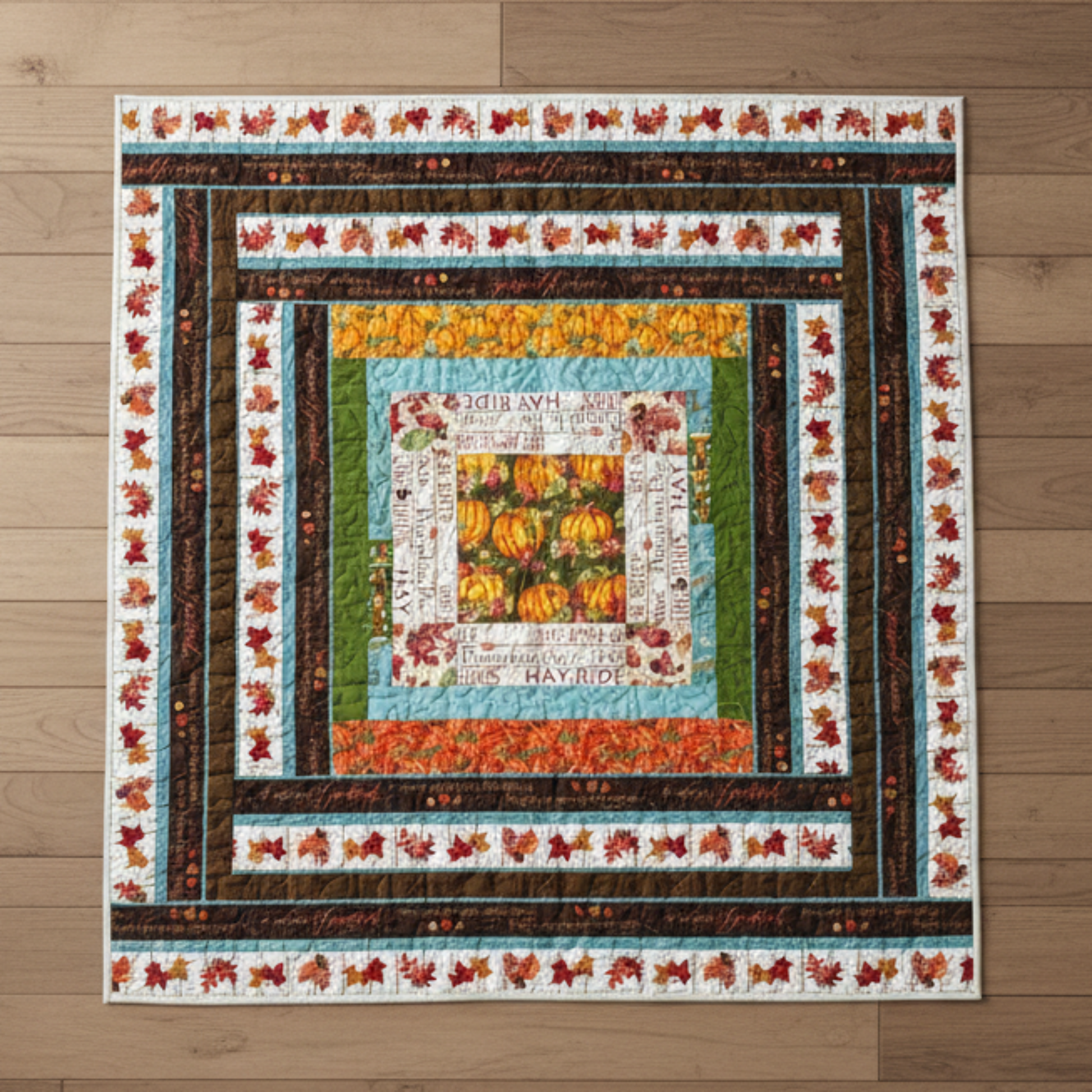 Handmade fall throw quilt with pumpkin centerpiece, autumn leaves, harvest words, and rich brown, orange, and cream borders.