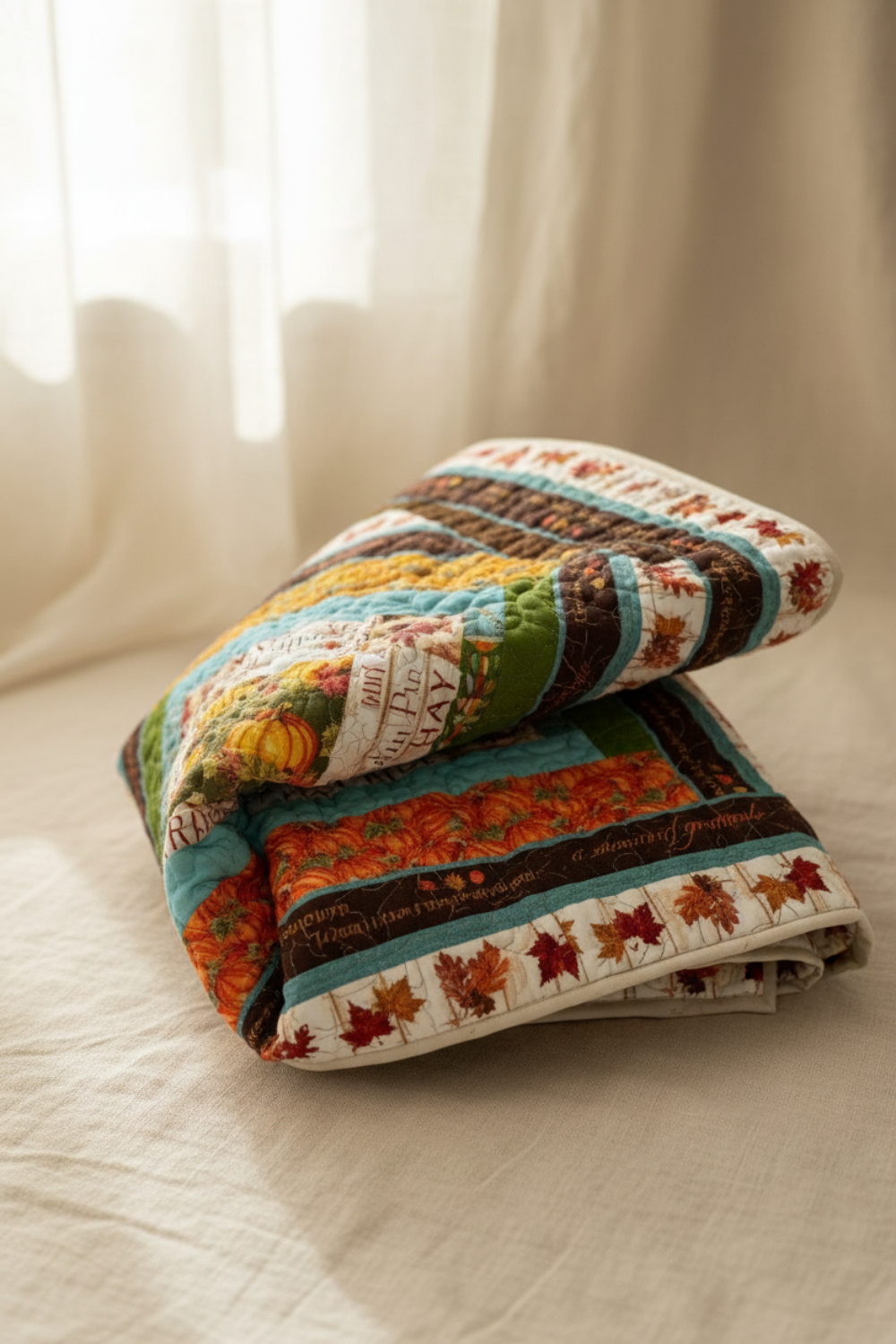 Cozy handmade fall quilt with pumpkin centerpiece, harvest words, and autumn leaves in warm seasonal colors.