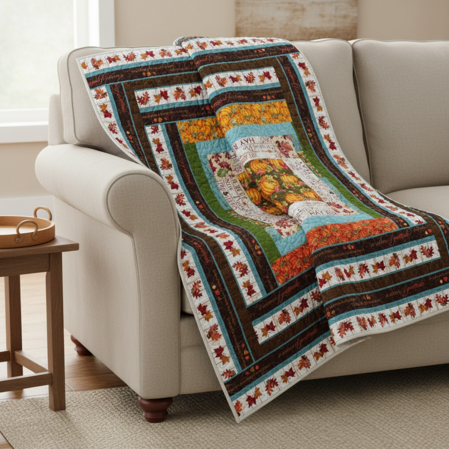 Colorful quilt draped over a beige sofa in a living room setting.