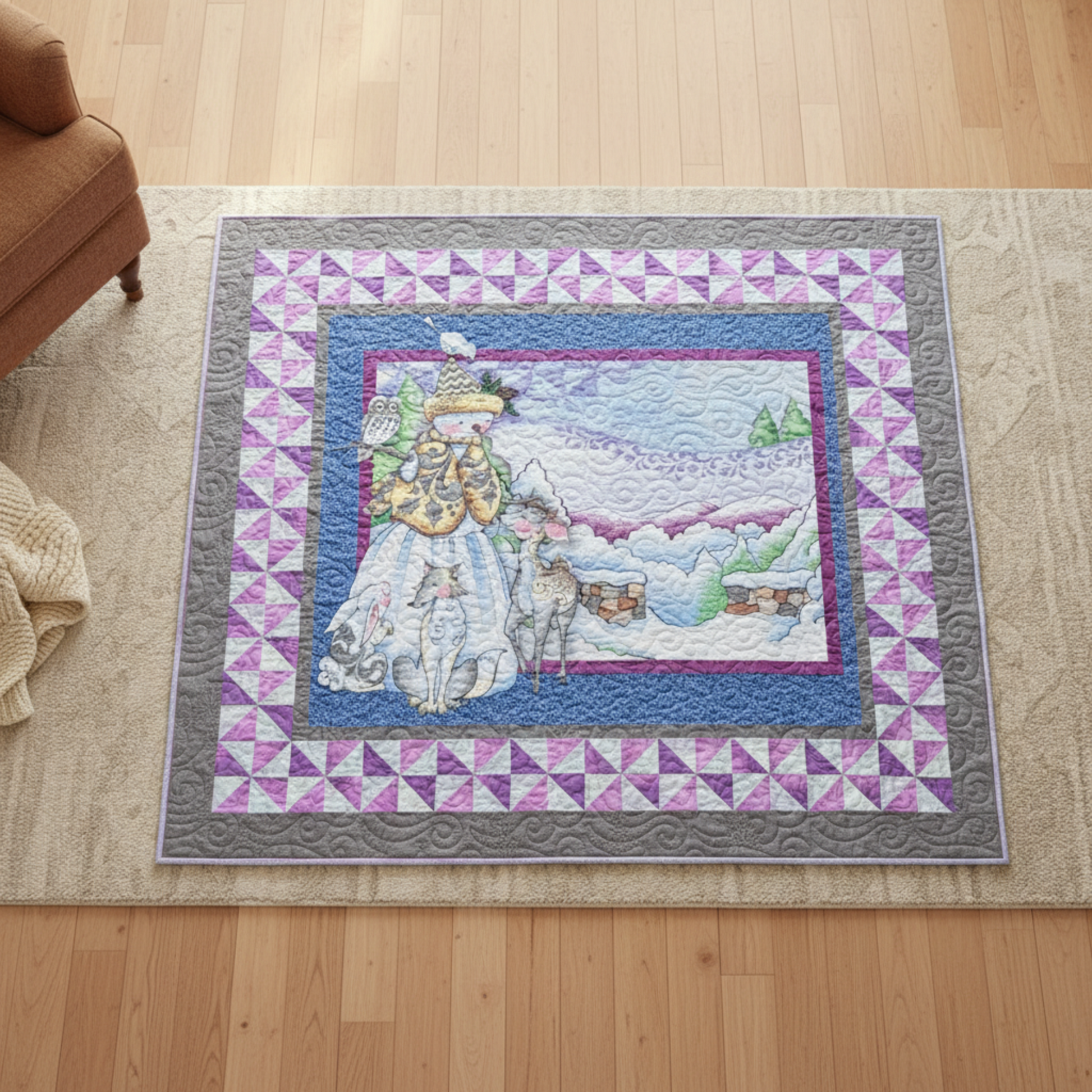 Handmade Winter Wonderland throw quilt featuring a whimsical snowy scene with woodland animals, soft blue and lavender borders, and traditional pieced blocks.