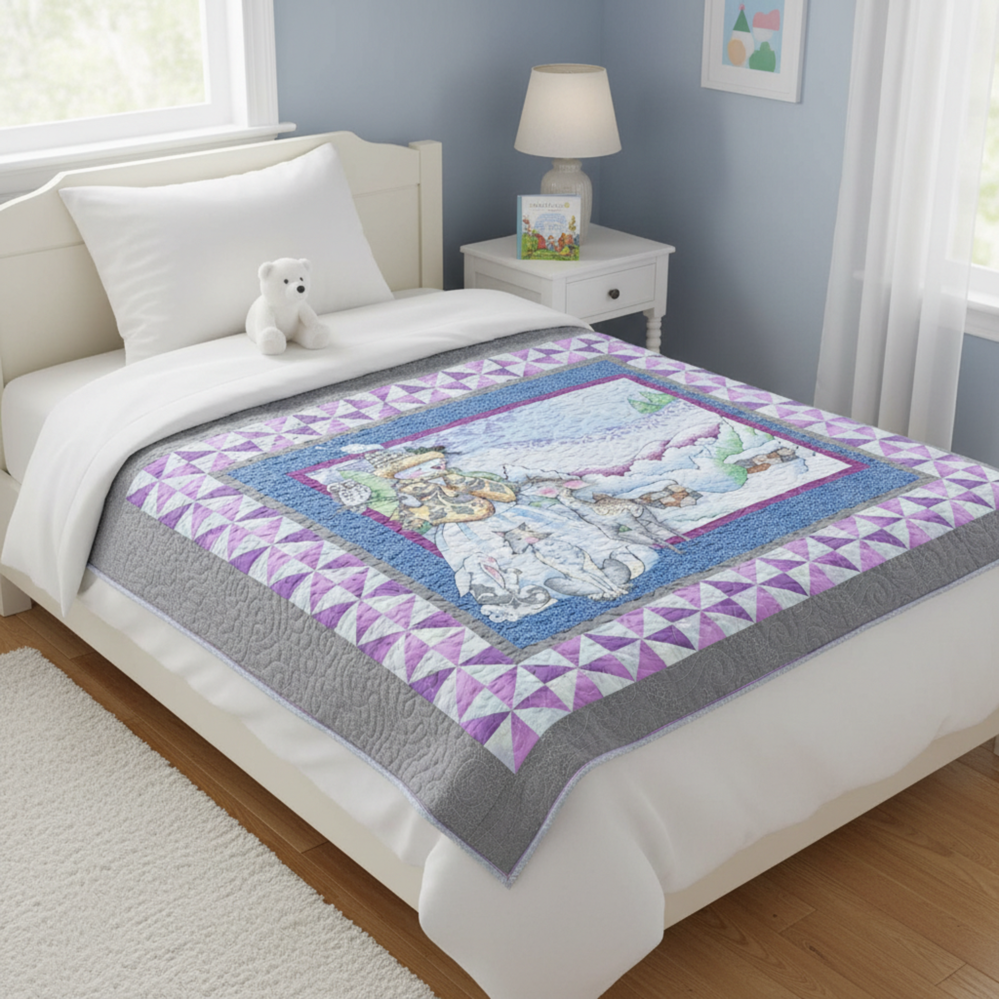 Bed with a colorful quilt featuring cartoon characters, white teddy bear, and nightstand with lamp.