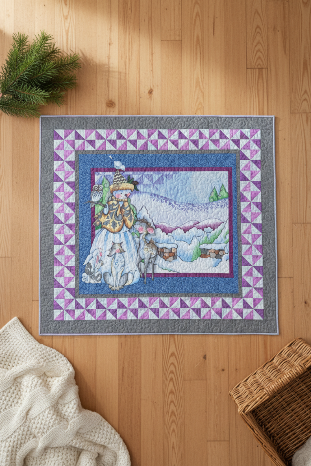 Quilt with a winter scene design on a wooden floor