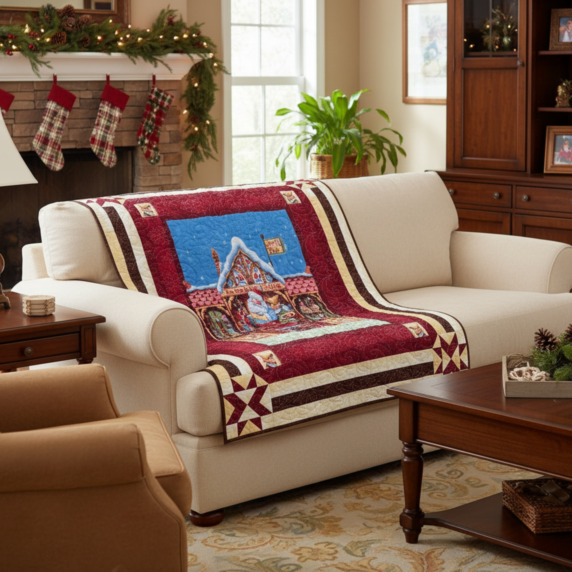 Handmade Christmas quilt featuring Santa in his North Pole workshop, framed by rich red and cream borders with star accents.