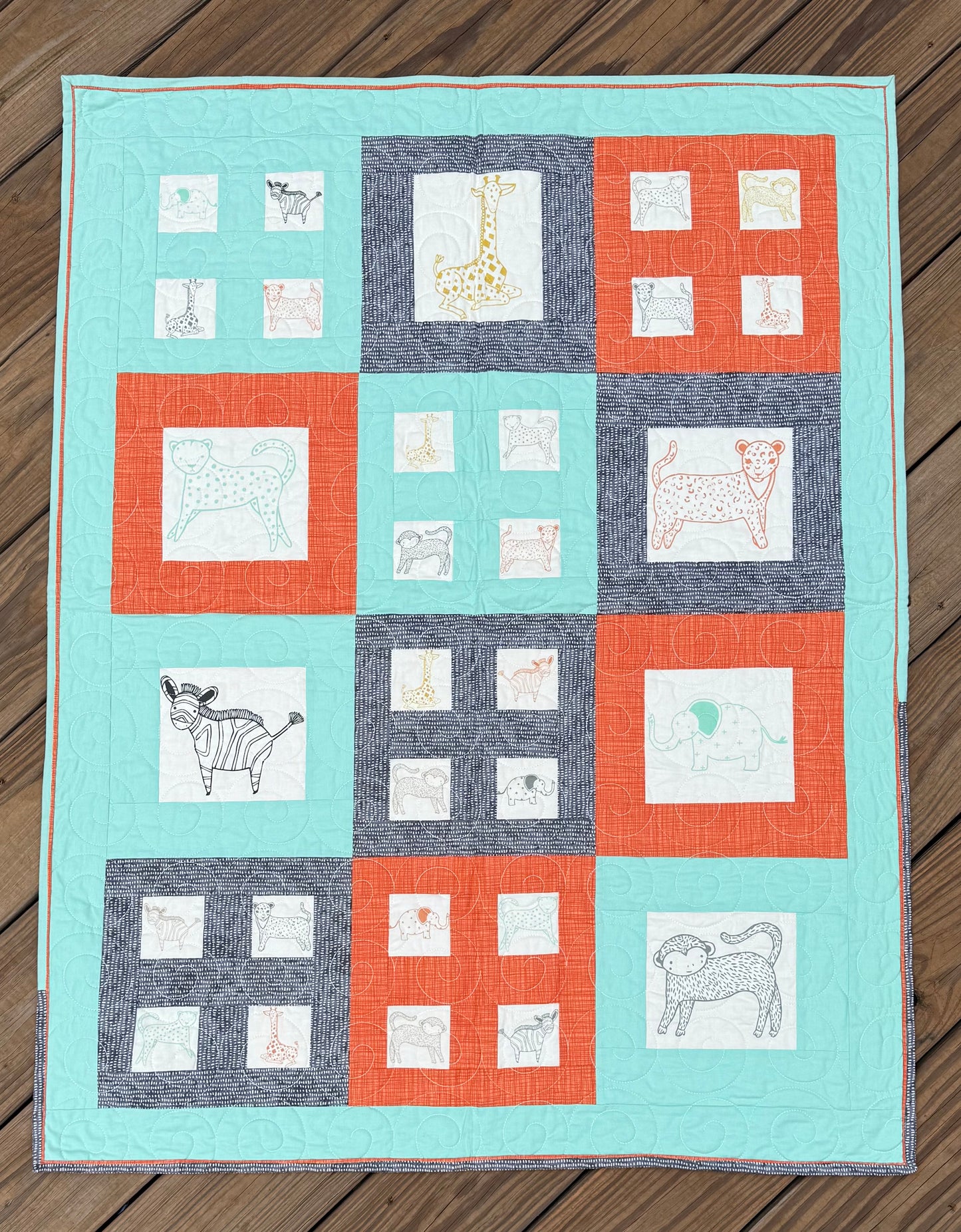 Savannah Jungle Adventure Orange & Blue 33" x 41" Handmade Baby Quilt