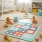 Children's room with a colorful quilt on the floor, toys around, and a crib in the background.