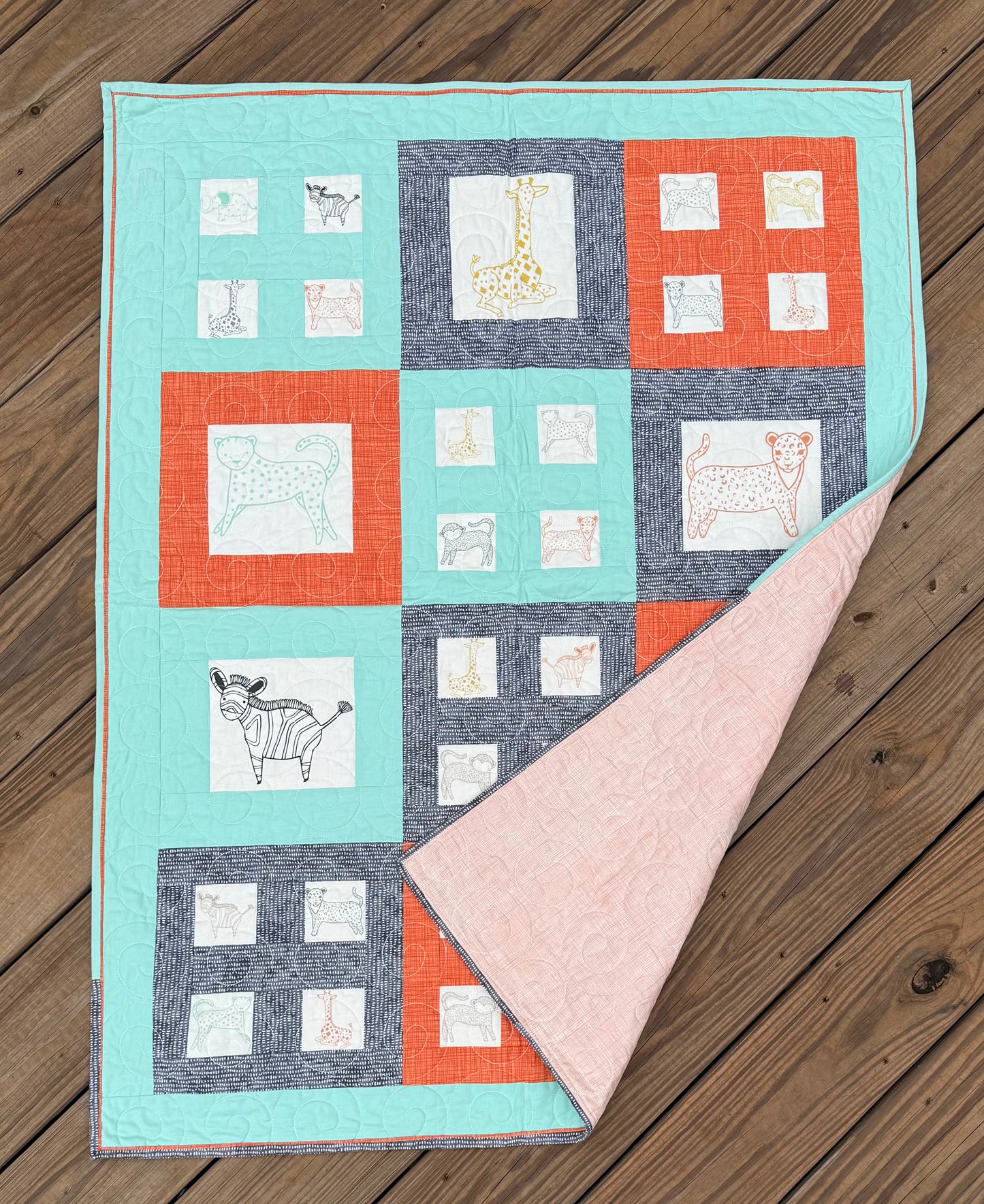 Savannah Jungle Adventure Orange & Blue 33" x 41" Handmade Baby Quilt