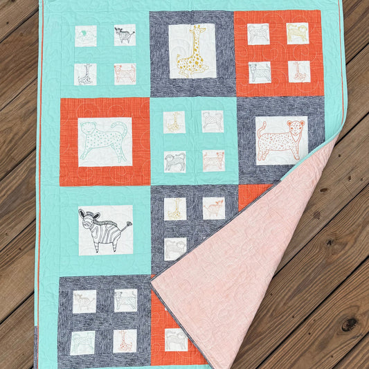 Savannah Jungle Adventure Orange & Blue 33" x 41" Handmade Baby Quilt