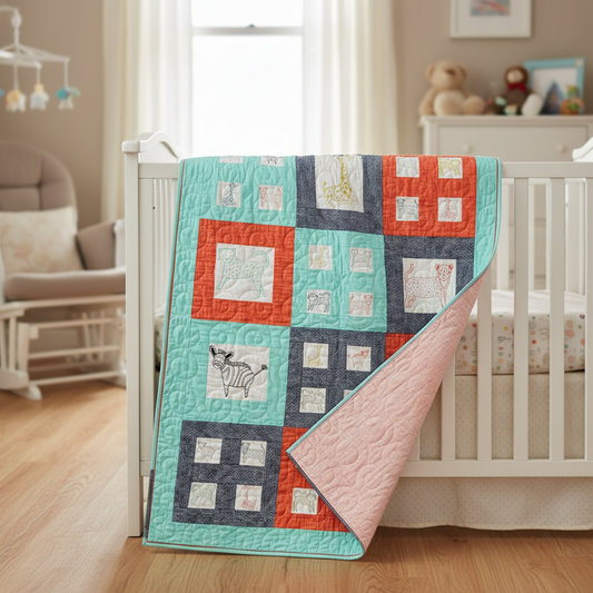 Colorful quilt on a crib in a nursery setting
