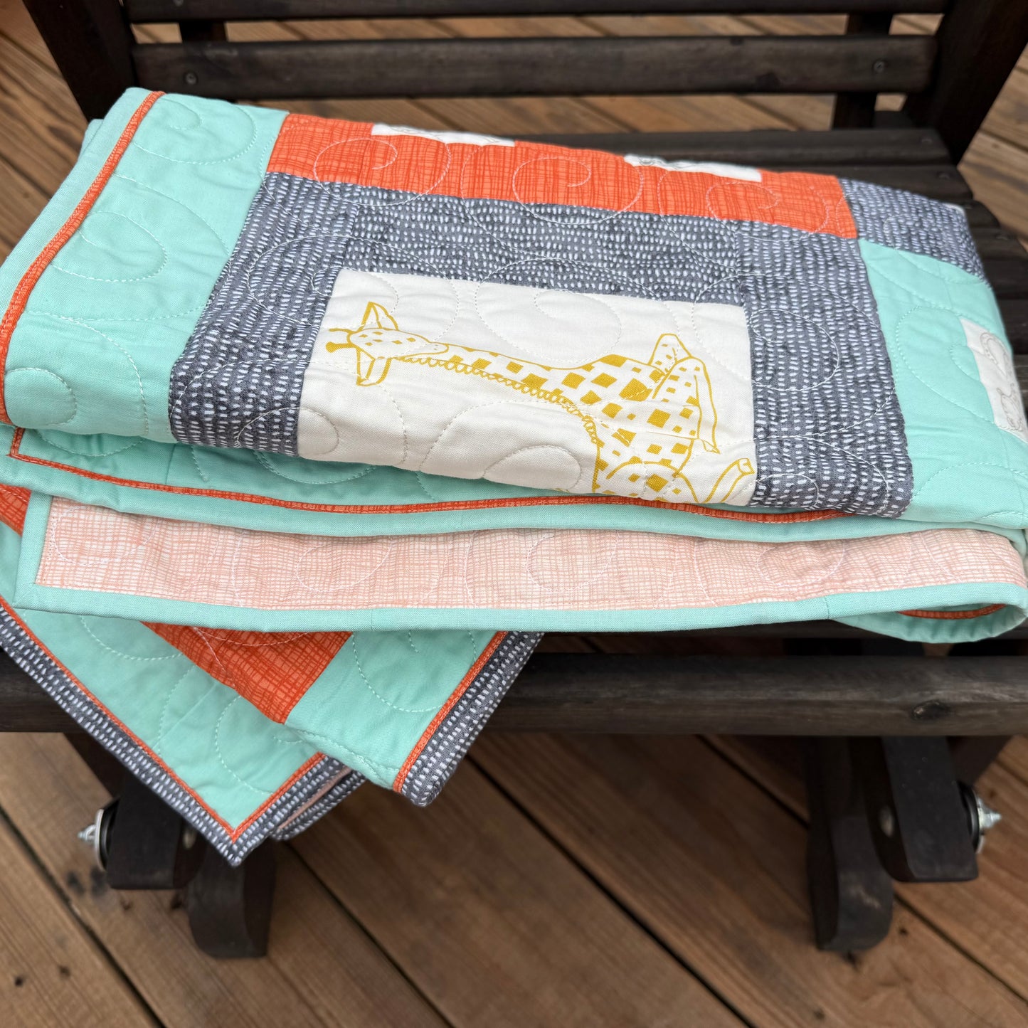 Savannah Jungle Adventure Orange & Blue 33" x 41" Handmade Baby Quilt