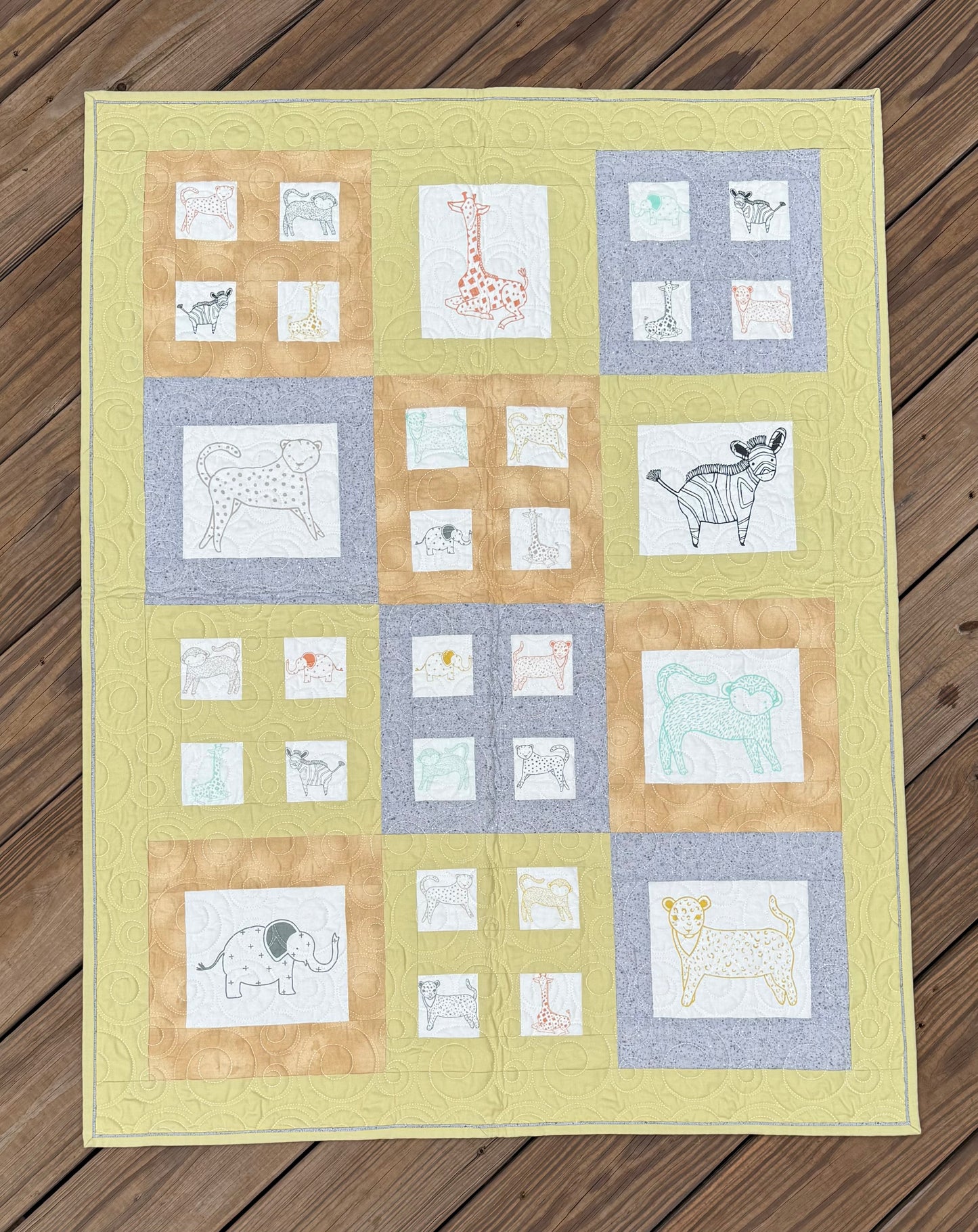 Savannah Jungle Adventure: Pastel Green & Gray 33" x 41" Handmade Baby Quilt