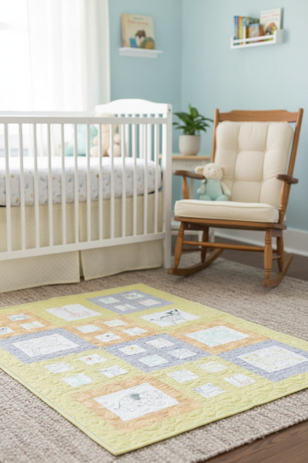 Nursery room with crib, rocking chair, and quilt on the floor.