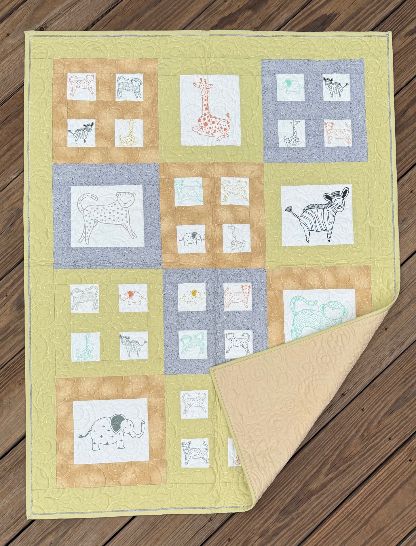 Savannah Jungle Adventure: Pastel Green & Gray 33" x 41" Handmade Baby Quilt
