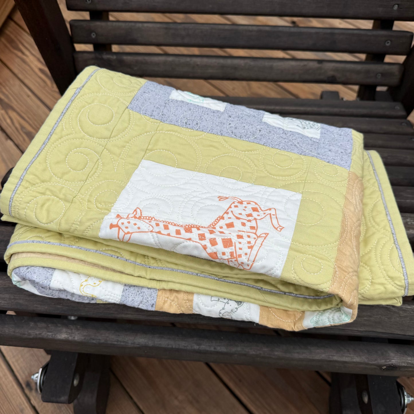 Savannah Jungle Adventure: Pastel Green & Gray 33" x 41" Handmade Baby Quilt