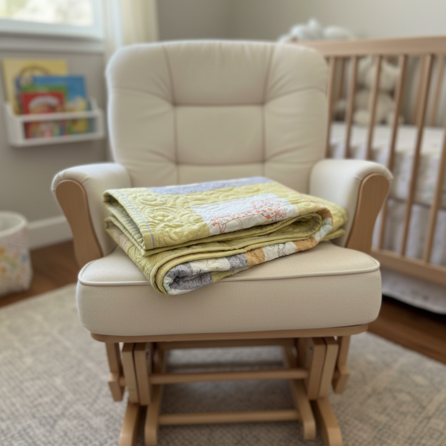Folded pastel green and gray baby quilt displayed on a cream nursery glider chair with a crib in the background.