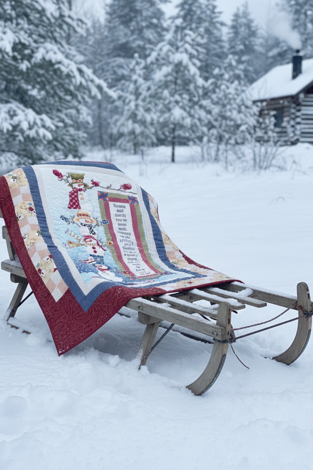 Quilt with a winter scene on a sled in a snowy landscape with a cabin in the background