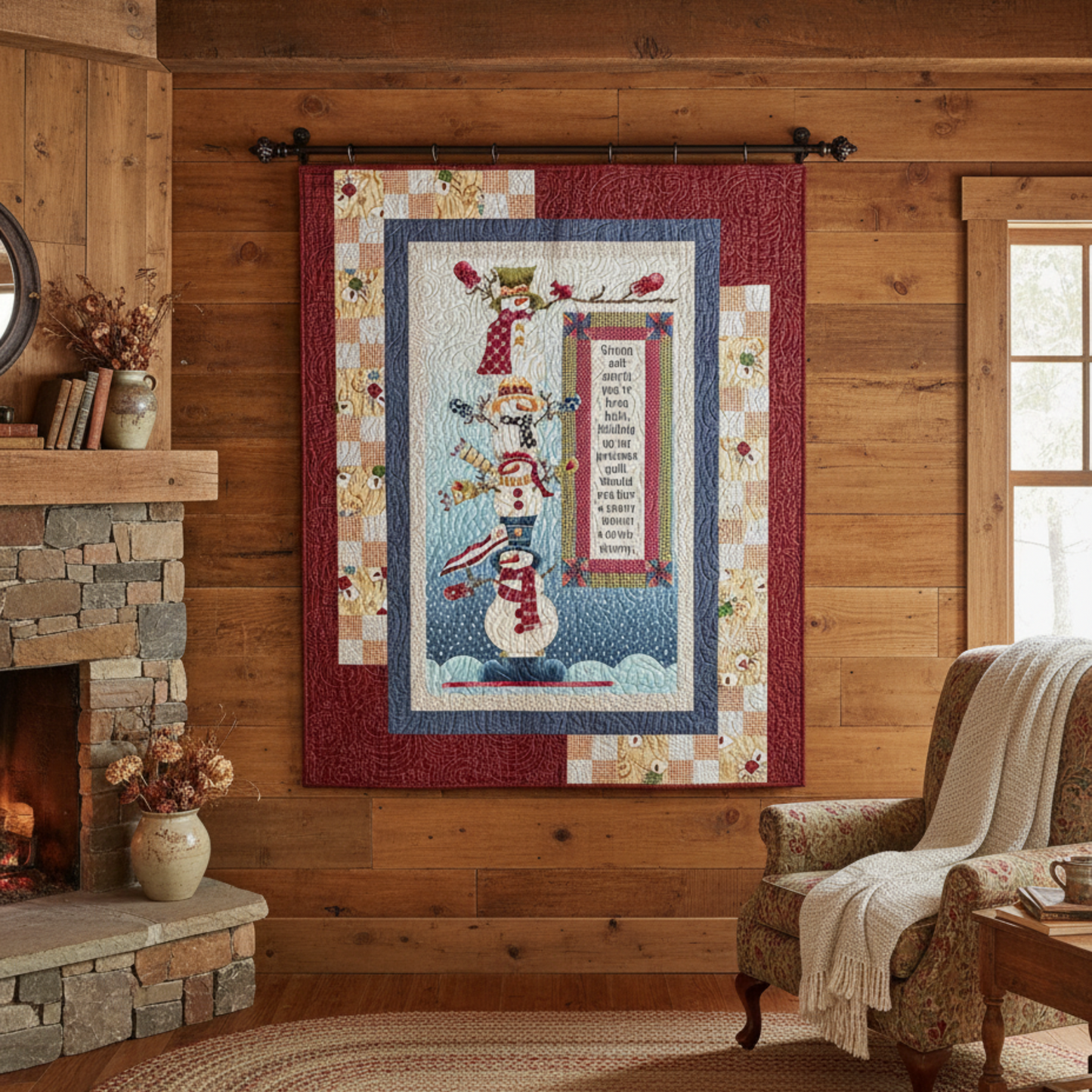 Quilt with a snowmen design on a wooden surface