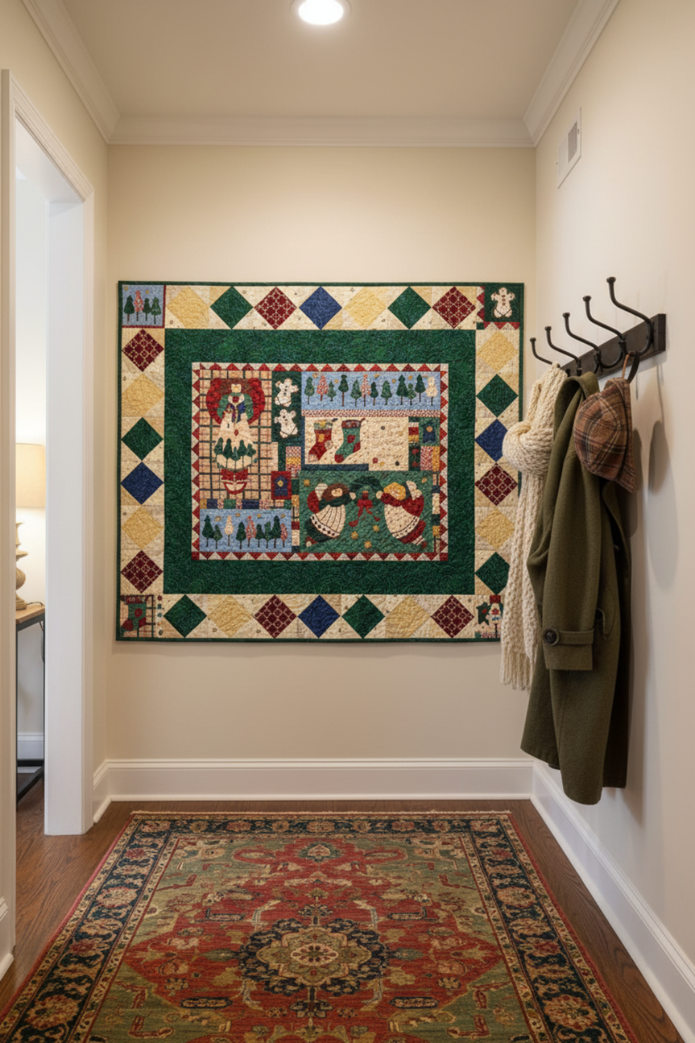 Quilt with Christmas-themed design on a wooden floor