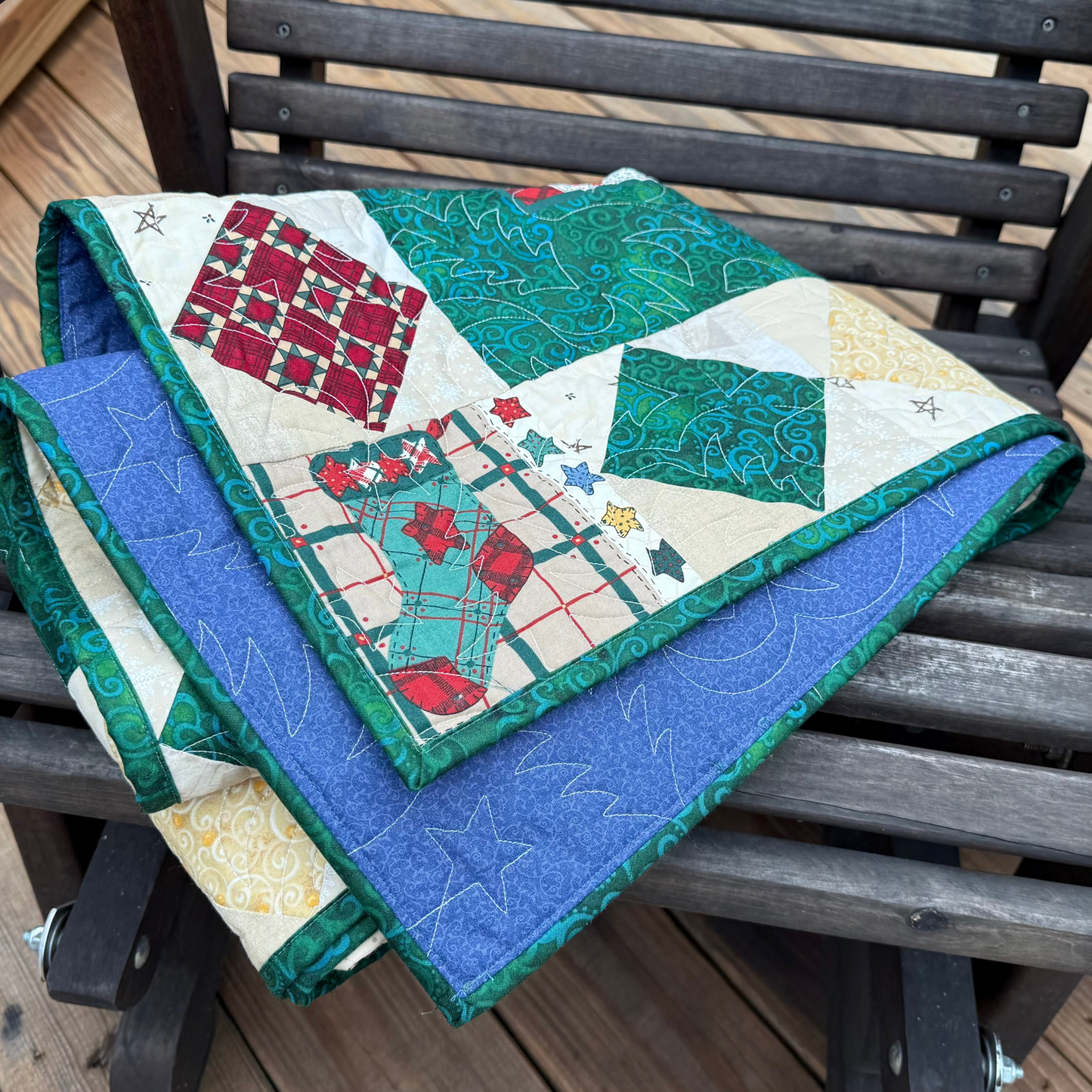 Quilt with geometric patterns on a wooden chair