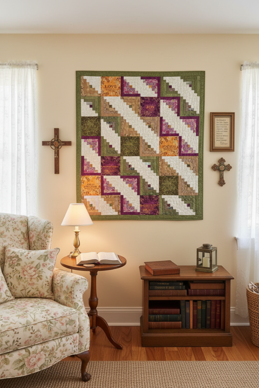 Meaningful handmade log cabin quilt with faith-inspired words in soft green, purple, gold, and cream.
