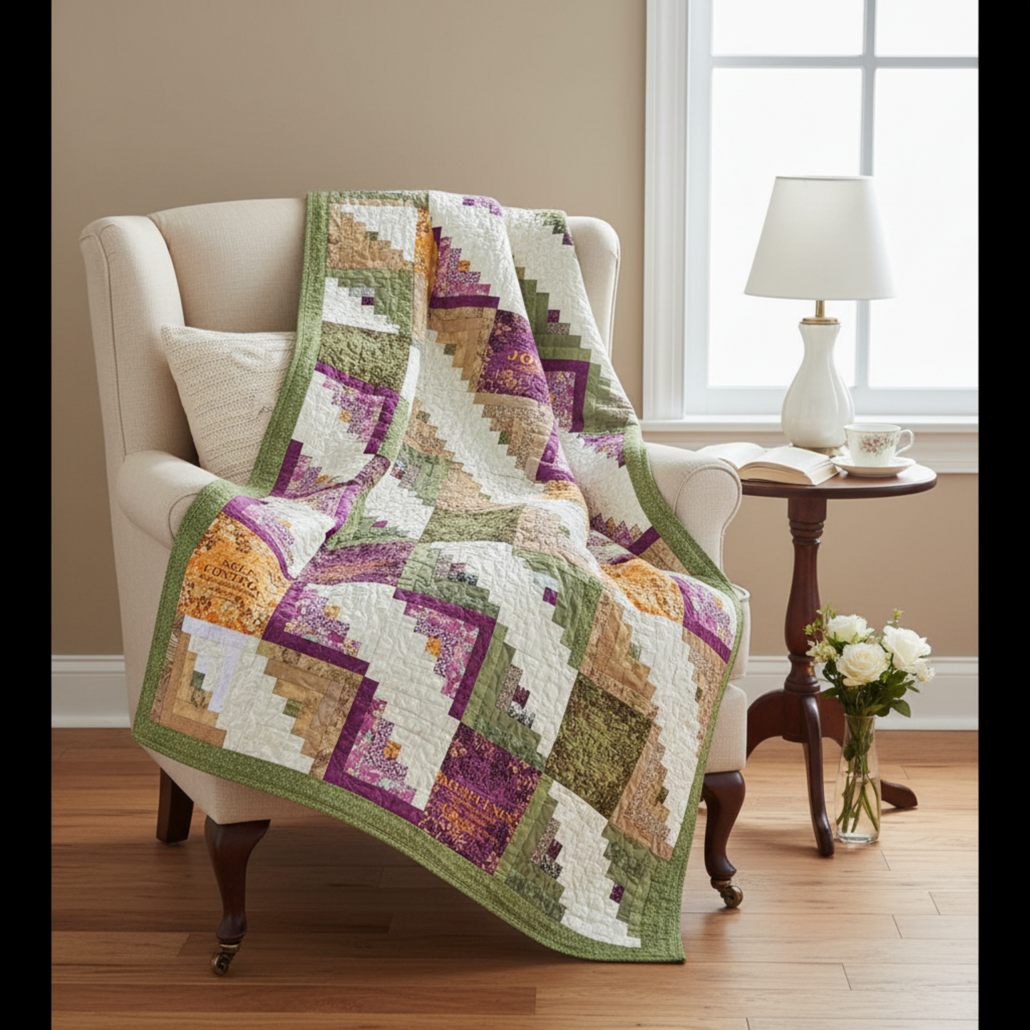 Quilt draped over a chair in a cozy living room setting