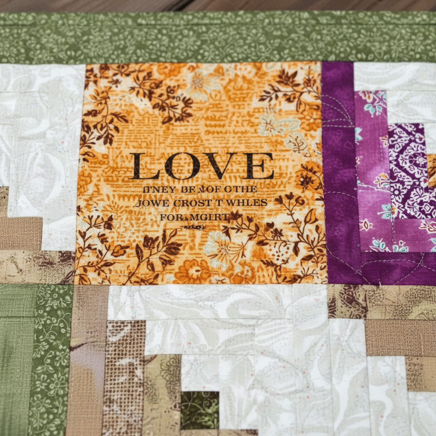 Close-up of handmade log cabin quilt block featuring inspirational word and textured quilting.