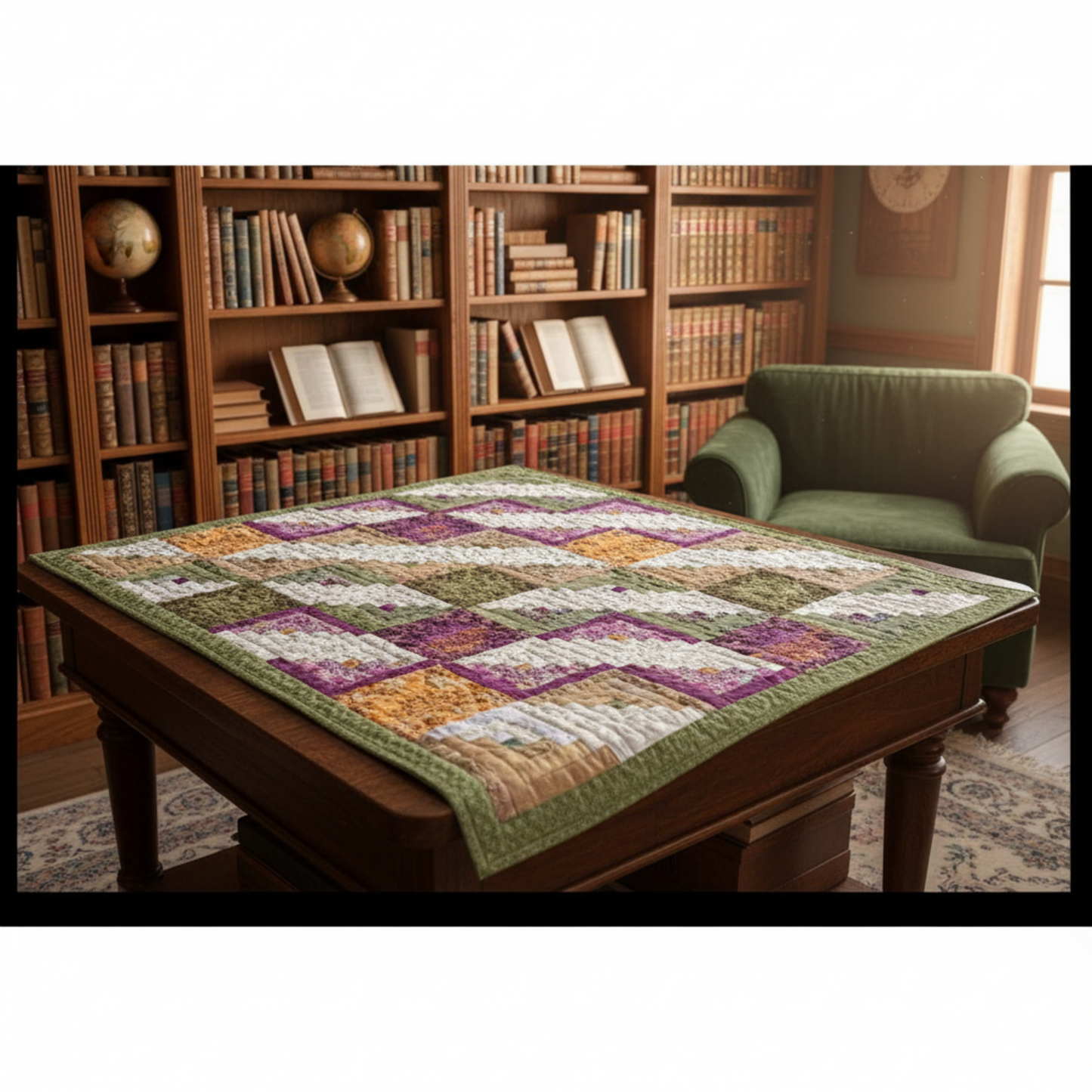 Quilted tablecloth on a wooden table with bookshelves and a chair in the background