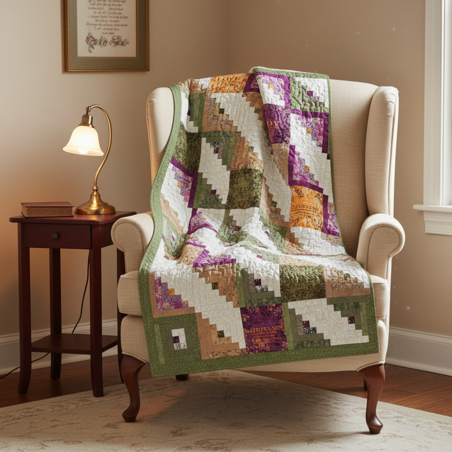 Meaningful handmade log cabin quilt with faith-inspired words in soft green, purple, gold, and cream.