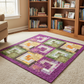 Quilt with purple border on a beige carpet in a room with wooden bookshelves.