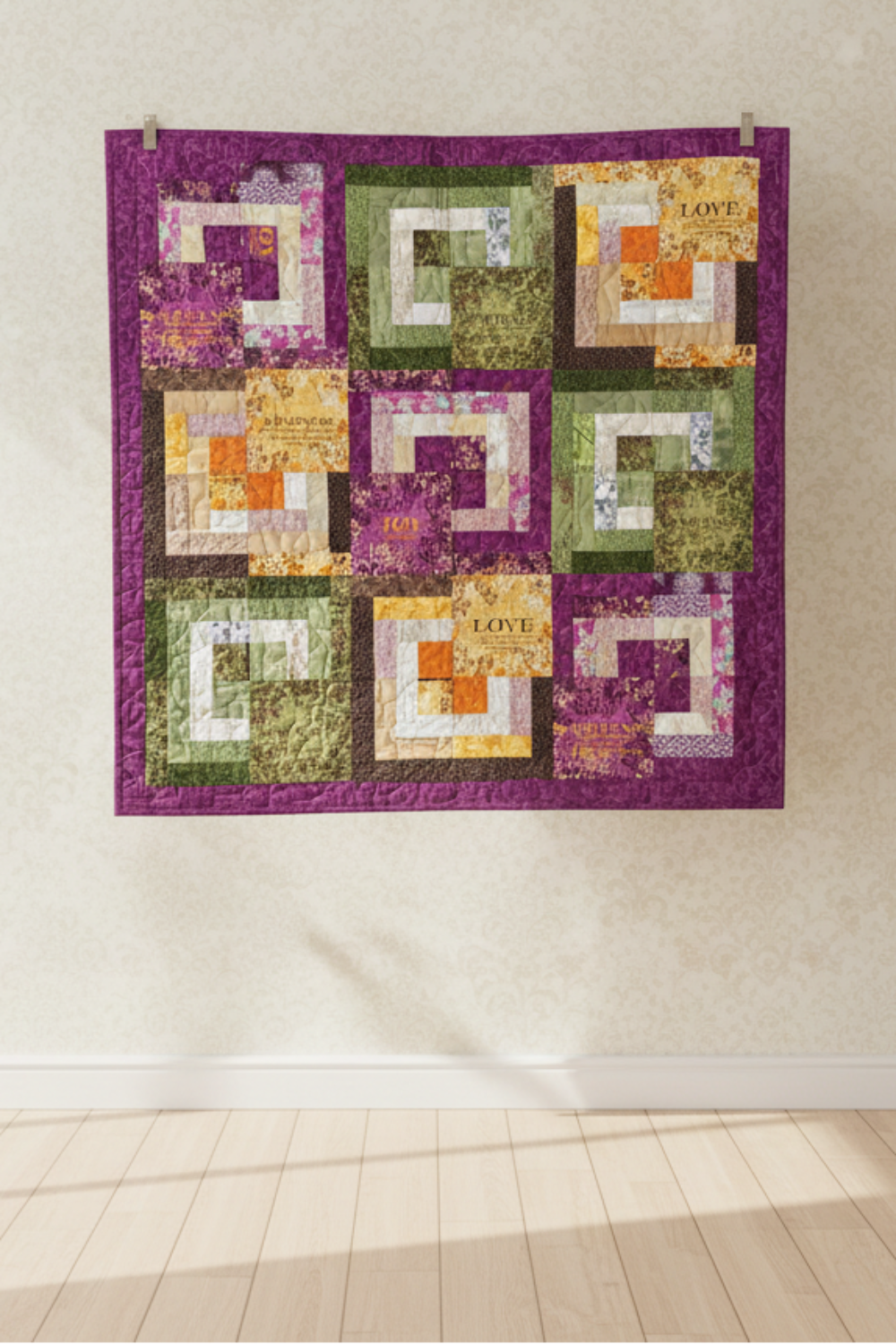 Handmade inspirational quilt with purple borders and colorful patchwork blocks featuring words like Love, Joy, Kindness, Patience, and Faithfulness
