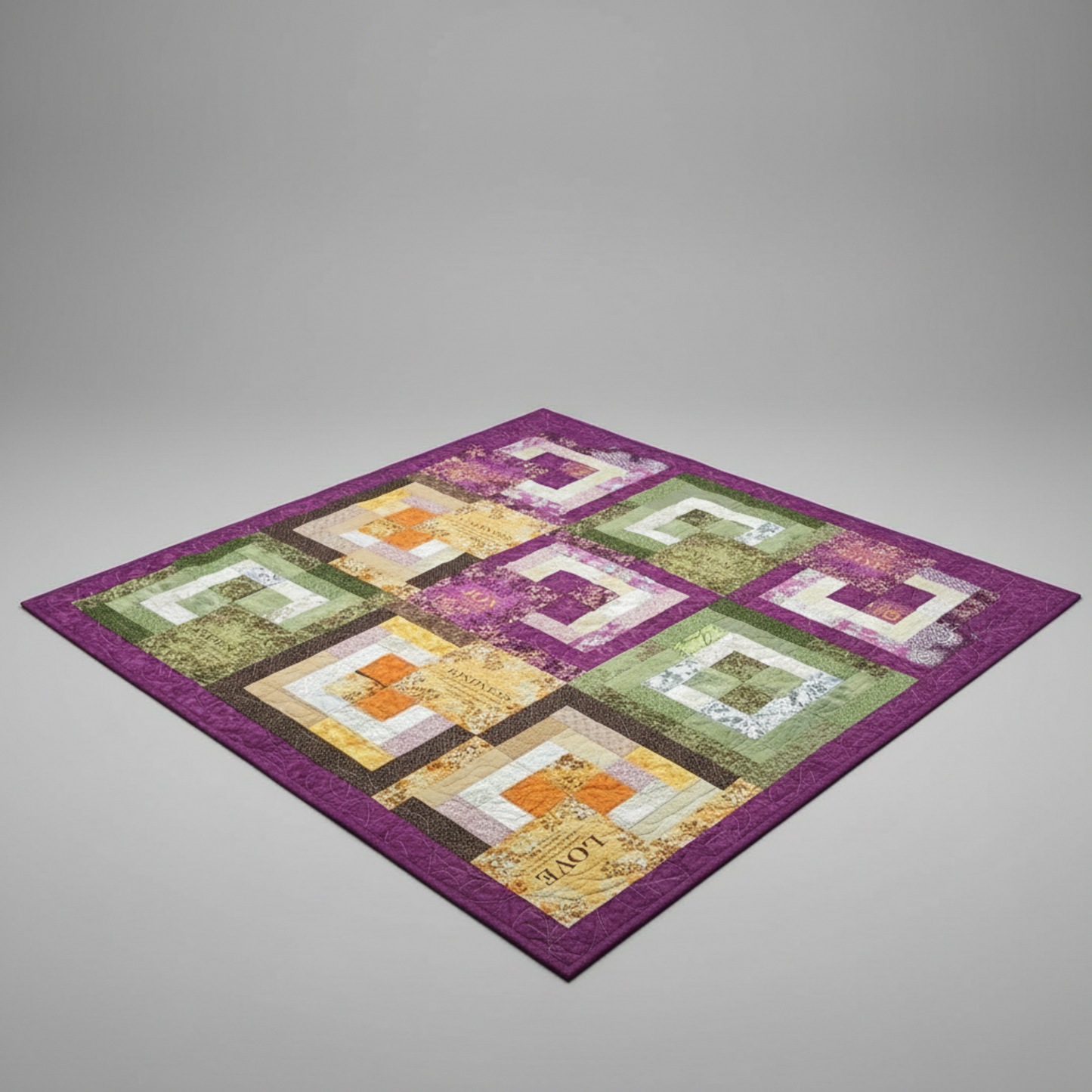 Handmade inspirational quilt with purple borders and colorful patchwork blocks featuring words like Love, Joy, Kindness, Patience, and Faithfulness