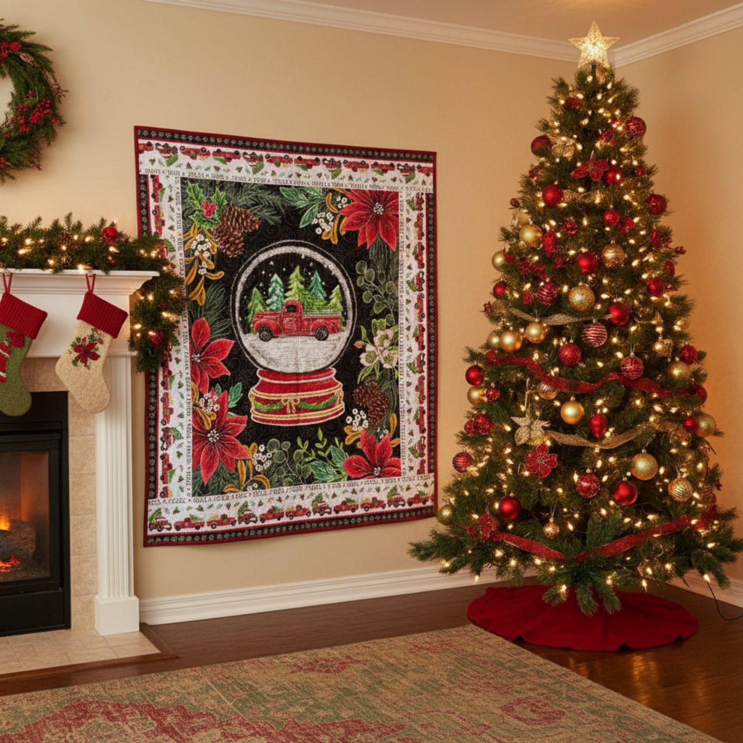 Decorative Christmas-themed quilt with a snow globe design featuring a red truck and surrounded by festive elements.