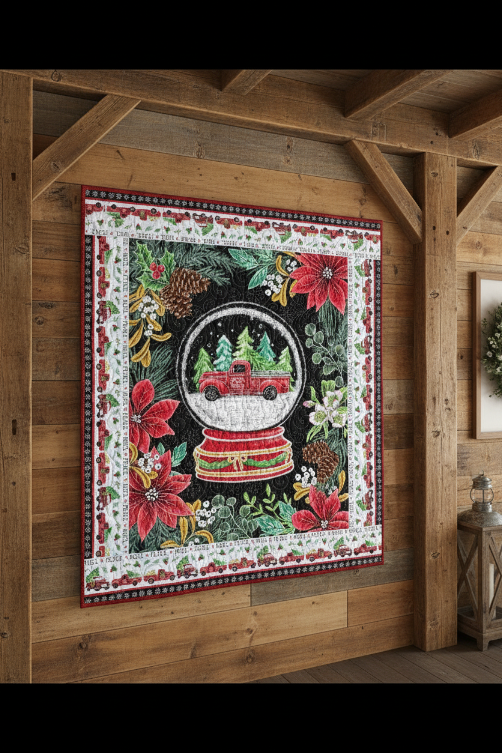 Decorative quilt with Christmas design featuring a snow globe and poinsettias on a wooden wall.