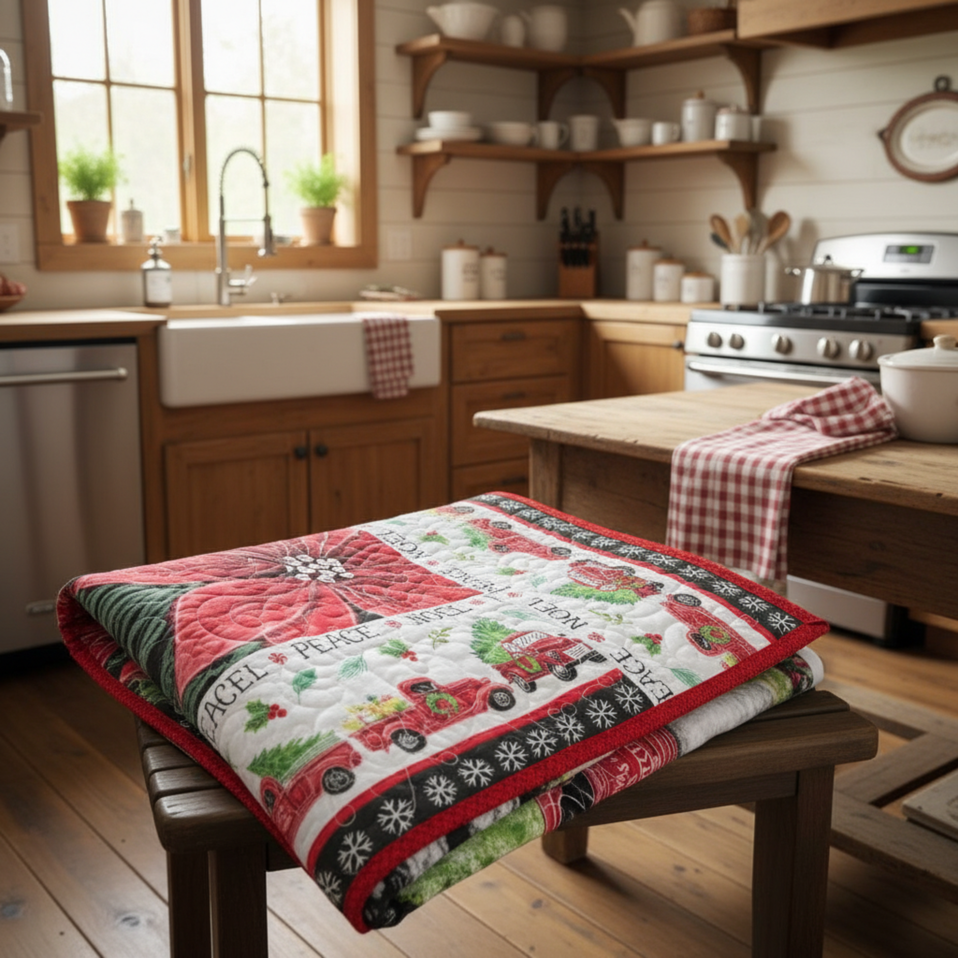 Christmas-themed throw quilt with red trucks, poinsettias, and 'Peace Noel' text on a wooden chair.