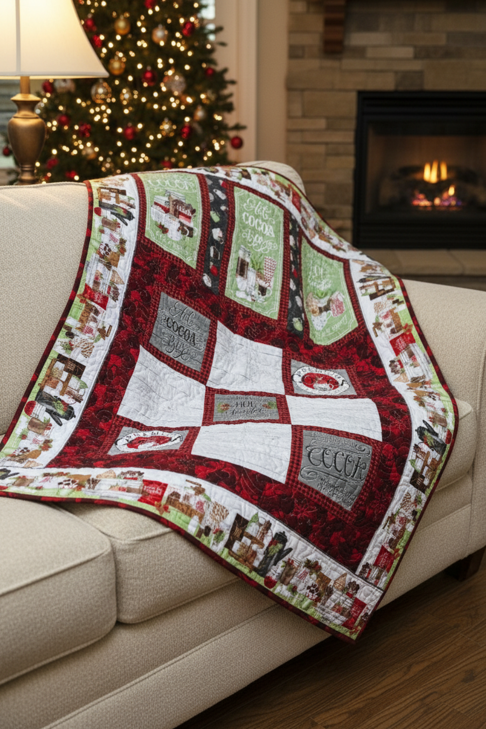 Handmade winter throw quilt with cocoa-themed panels, hot chocolate mugs, marshmallows, and festive red and green borders.