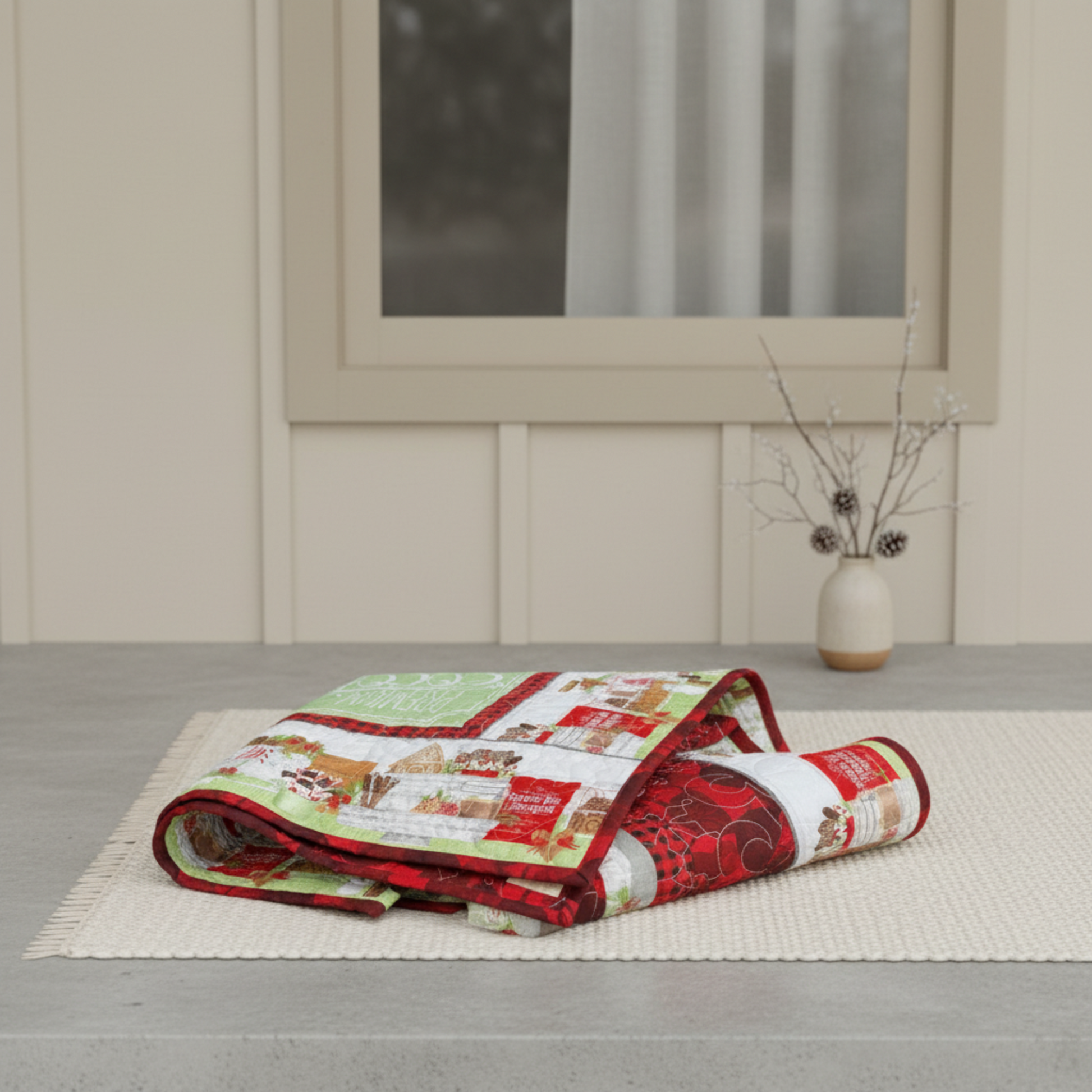 Handmade cocoa-themed winter quilt in red and green.