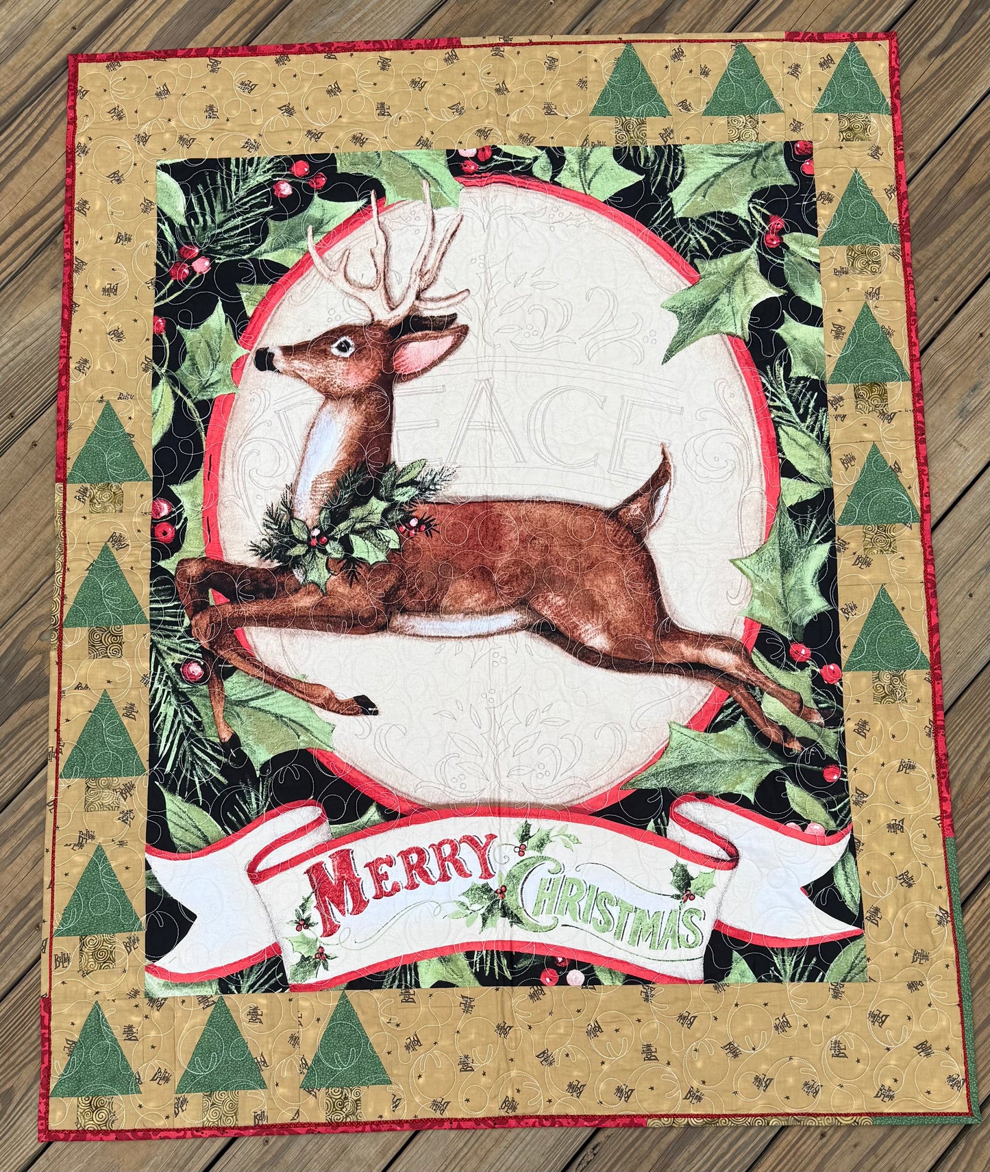 Reindeer Merry Christmas 40" x 51" Handmade Throw Quilt