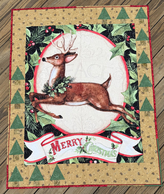 Reindeer Merry Christmas 40" x 51" Handmade Throw Quilt