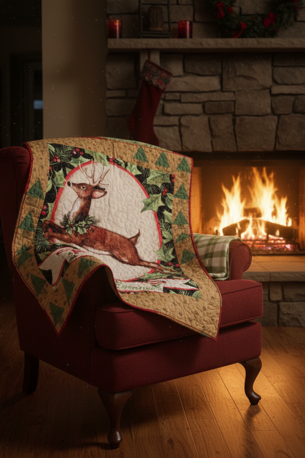 Red armchair with a Christmas-themed quilt draped over it, in front of a fireplace.