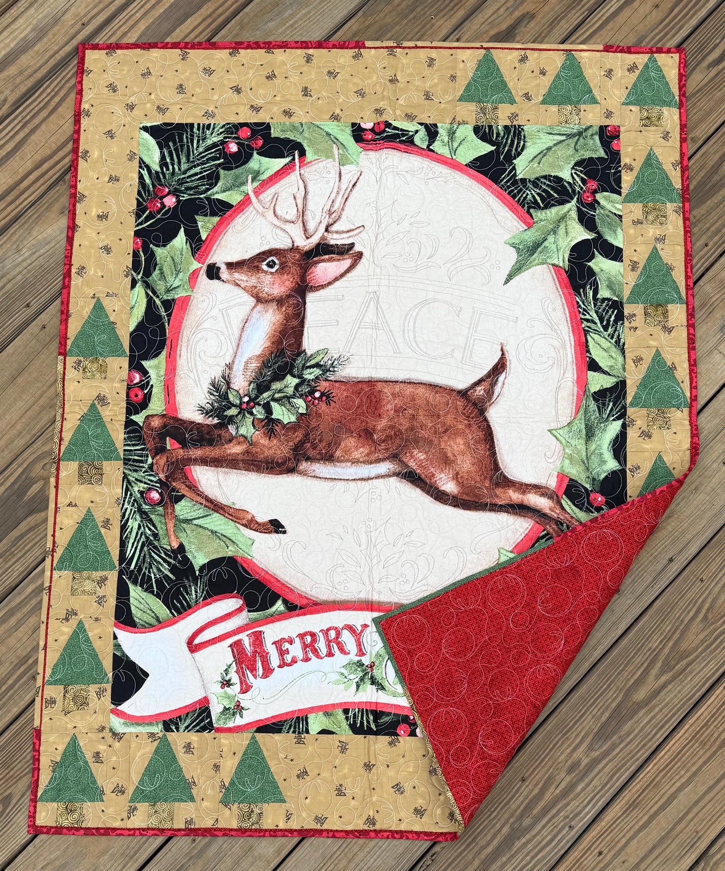 Reindeer Merry Christmas 40" x 51" Handmade Throw Quilt